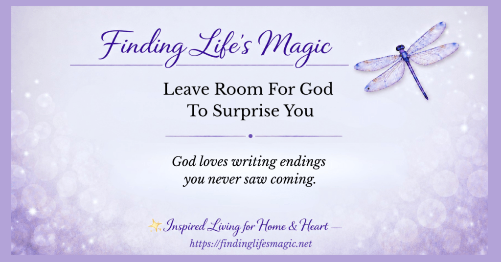 Leave Room For God To Surprise You blog post graphic with Finding Lifes Magic dragonfly logo and Jeremiah 29 11 scripture