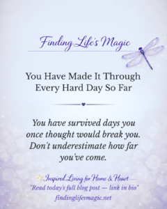 Finding Lifes Magic blog post — you have made it through every hard day so far inspirational quote with dragonfly