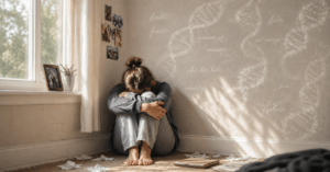 woman letting go of fear while sitting against a wall with DNA strands and fearful words illustrated behind her