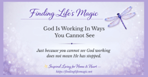 Finding Lifes Magic blog post — God Is Working In Ways You Cannot See with dragonfly and inspirational quote