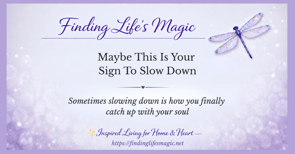 Finding Life's Magic blog post — Maybe This Is Your Sign To Slow Down with dragonfly and inspirational quote about slowing down and catching up with your soul