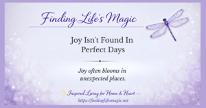 Finding Lifes Magic blog post about finding joy in imperfect days with dragonfly and soft lavender background