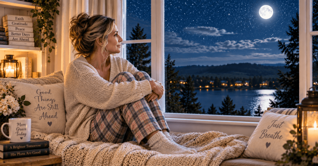 Woman sitting by moonlit window in farmhouse nook reflecting on keeping promises and trusting God