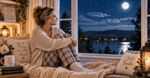 Woman sitting by moonlit window in farmhouse nook reflecting on keeping promises and trusting God