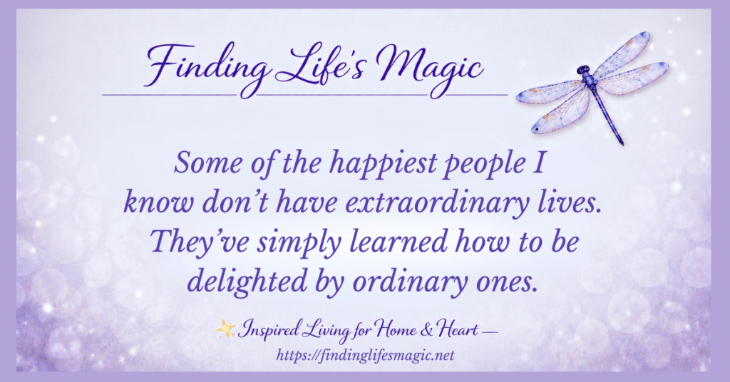 Finding joy in ordinary days inspirational quote with a purple dragonfly on a soft lavender background from Finding Life's Magic