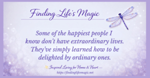 Finding joy in ordinary days inspirational quote with a purple dragonfly on a soft lavender background from Finding Life's Magic