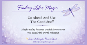 Use the good stuff today — inspirational blog post by Finding Life's Magic with faith quote and dragonfly