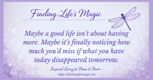 Good life quotes graphic with dragonfly and inspirational message on noticing blessings