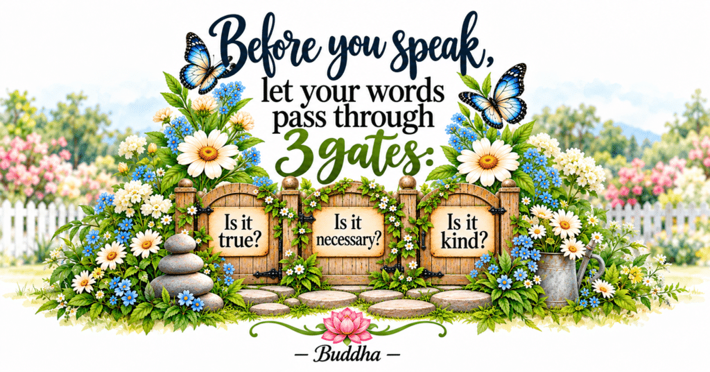 Three gates of speech quote with garden gates asking is it true, is it necessary, is it kind, with butterflies and daisies