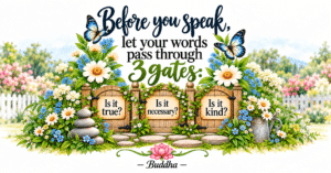 Three gates of speech quote with garden gates asking is it true, is it necessary, is it kind, with butterflies and daisies