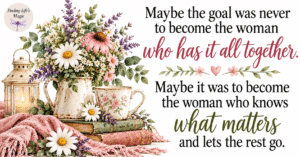 Farmhouse quote on what matters most with wildflowers, vintage books, and a pink blanket