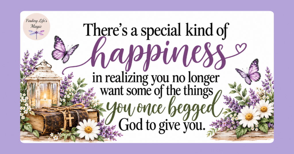 Unanswered prayers quote with a Bible, lantern, daisies and lilacs on a rustic bench