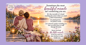 Two women sitting close together on a wooden dock at sunset, a gentle reminder you are not alone