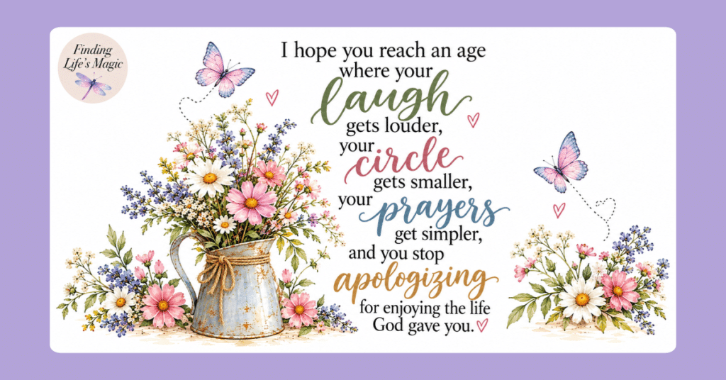 Watercolor wildflower bouquet in a rustic pitcher with butterflies and a quote about enjoying the life God gave you