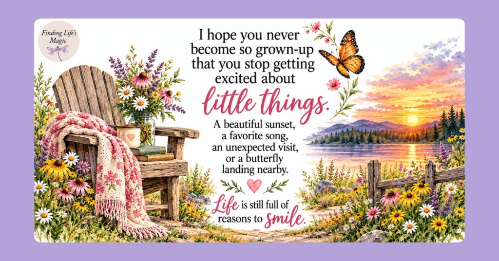 Never stop getting excited about little things quote with butterfly, wildflowers, Adirondack chair and sunset