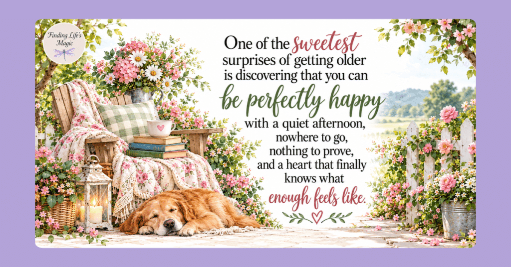 Contentment as you get older: golden retriever sleeping by a cozy chair with floral blanket, books, tea and lantern