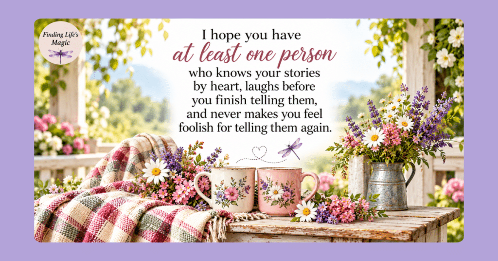 Two floral coffee mugs with wildflowers and a friend who knows your stories quote