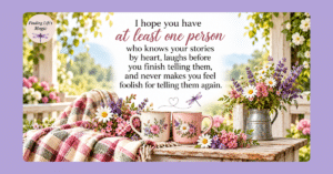 Two floral coffee mugs with wildflowers and a friend who knows your stories quote