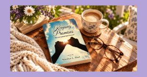 Keeping Promises novel by Marilyn L. Hart on a wooden table beside a cup of coffee, glasses and daisies