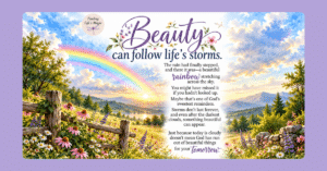Beauty after the storm watercolor rainbow over a farmhouse fence with wildflowers