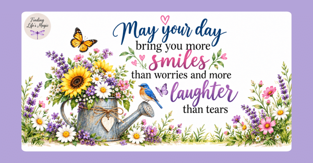 More smiles than worries quote with sunflower watering can, bluebird and butterflies