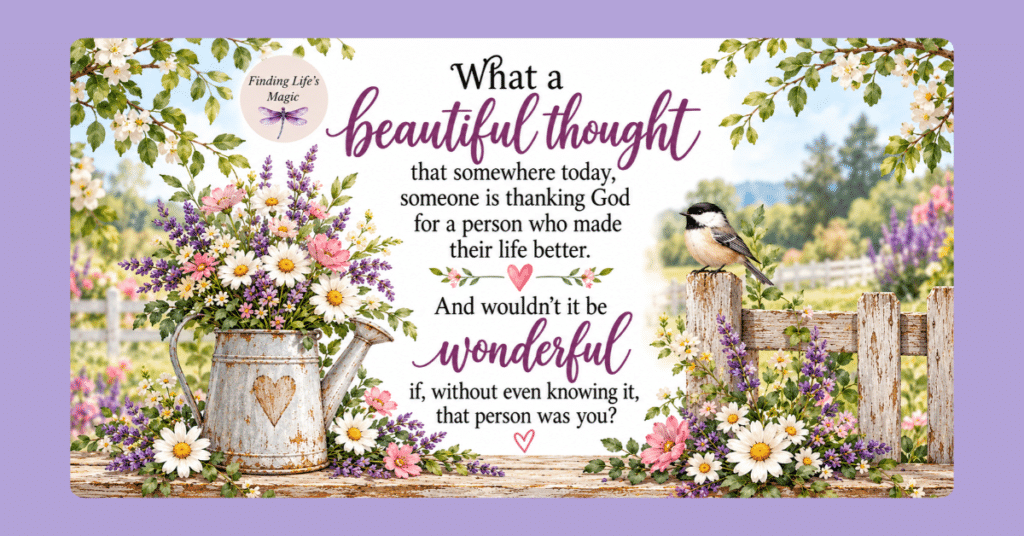 Watercolor chickadee on a weathered fence post beside a watering can of daisies and lavender with a quote about someone thanking God for you