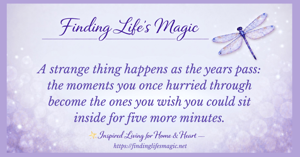 Purple dragonfly with inspirational quote about cherishing the little moments and slowing down